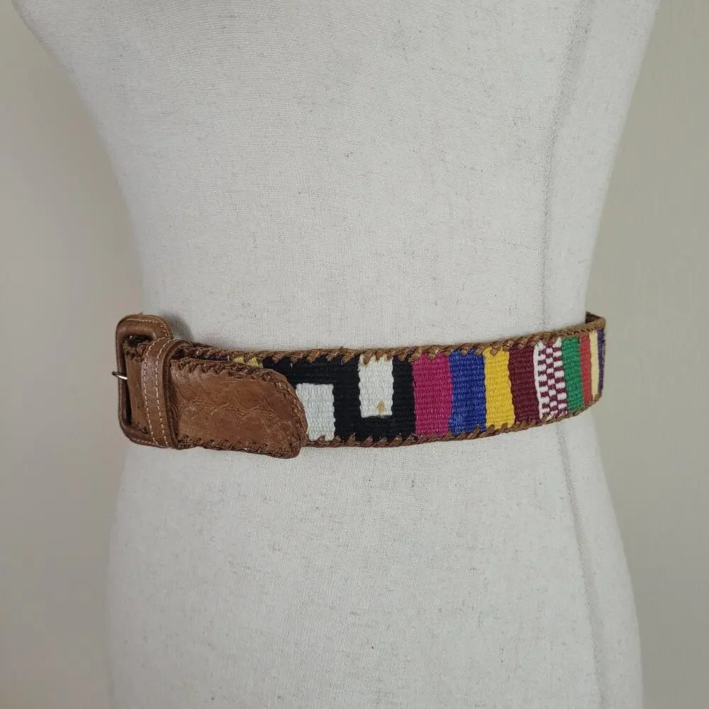 Brown Leather Belt Med Braided Woven Multicolor Stripe Artisan Ethnic Whipstitch